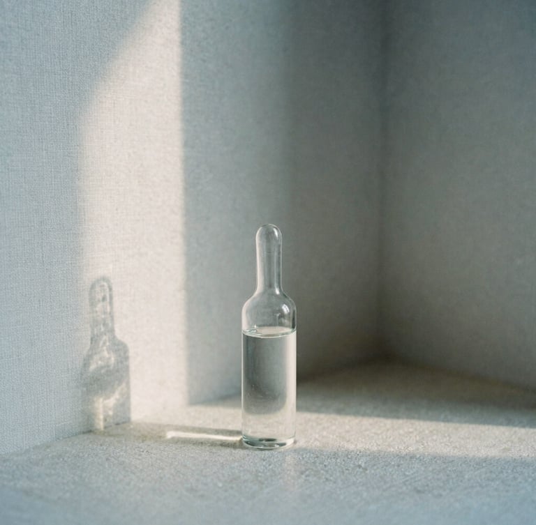 Serene minimalist treatment room corner with soft diffused morning light, warm gray linen, a single clean glass vial on a stone surface, 35mm film