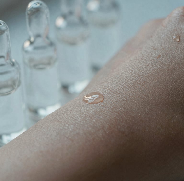 Macro photograph of healthy, hydrated skin texture with soft morning light reflecting off clean glass vials, cool blue and warm gray tones, shallow depth of field, 35mm.