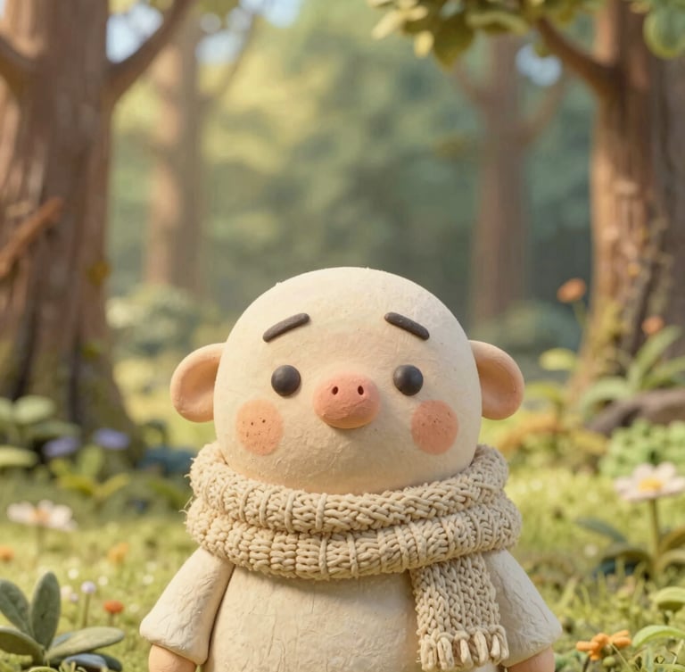 Close-up portrait of a whimsical 3D character with hand-painted clay textures, wearing a cozy knitted scarf, standing in a sunlit forest clearing, soft golden-hour light