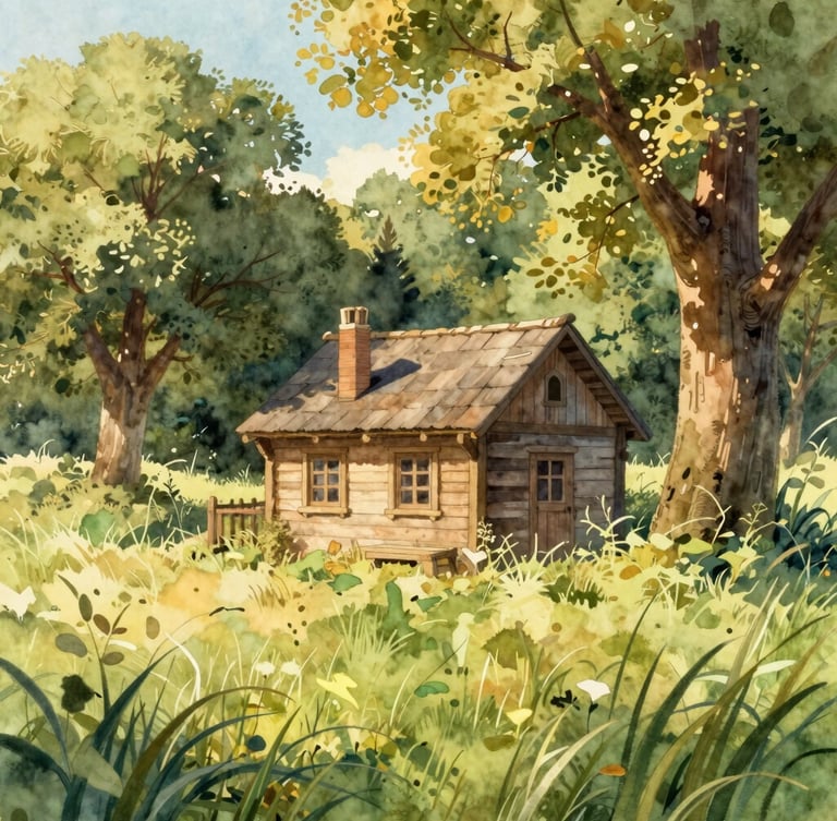 A cozy, sunlit wooden cottage surrounded by tall rustling grass and ancient oak trees, soft golden-hour light filtering through leaves, whimsical watercolor digital illustration style.