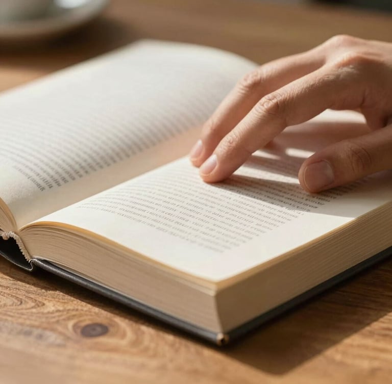 Close-up of a hand resting on a thick, textured page of an open book, warm sunlight catching the grain of the paper, soft-focus background of a wooden table.
