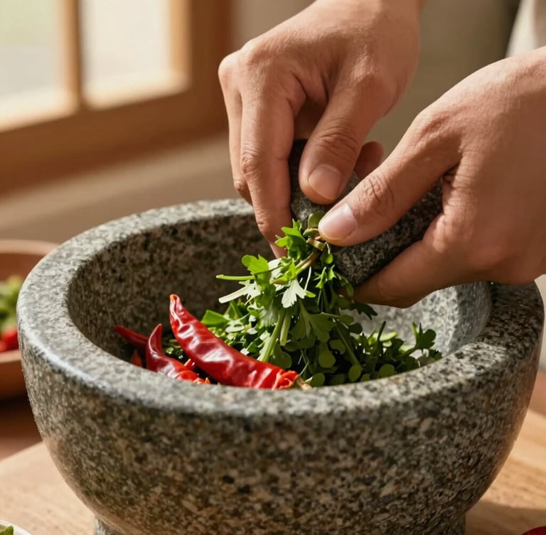 Hands grinding fresh herbs and red chilies in a heavy granite mortar, warm intimate kitchen lighting, close-up macro shot showing textures