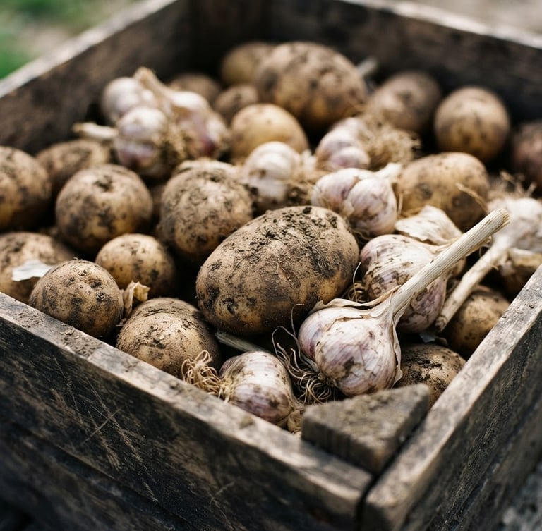 Macro close-up of unpolished, soil-dusted potatoes and papery garlic bulbs inside a wooden crate, bright natural daylight, rich earth tones, 35mm photography