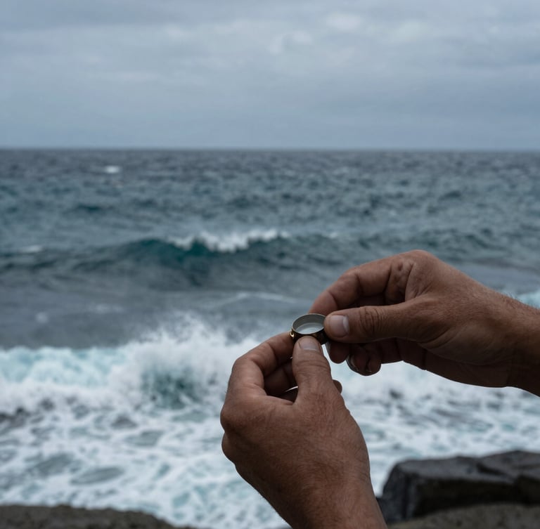 Manos expertas abriendo un ostión fresco, con el mar agitado de San Quintín de fondo, luz natural de día nublado, alto contraste.