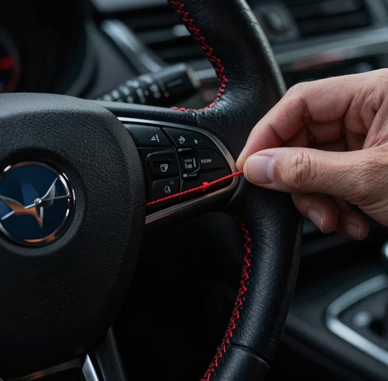 Macro shot of hand-stitching on a leather steering wheel, sharp crimson thread contrast, low-key dramatic studio lighting, 35mm.