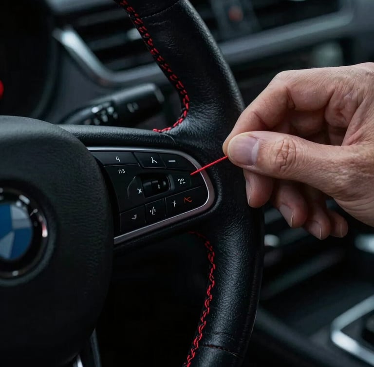 Extreme close-up of hand-stitching with red thread on a black leather steering wheel, low-key dramatic studio lighting, high contrast, macro lens, 35mm