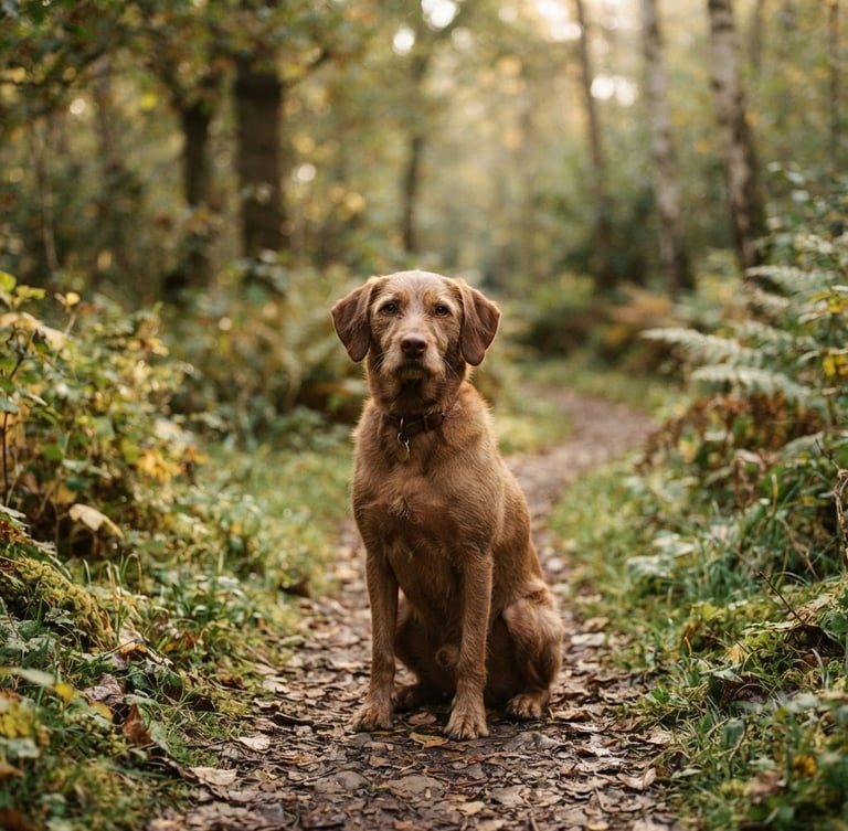 warm editorial photography, 35mm, a calm brown dog sitting patiently on a forest path, soft morning natural light, shallow depth of field, earthy tones
