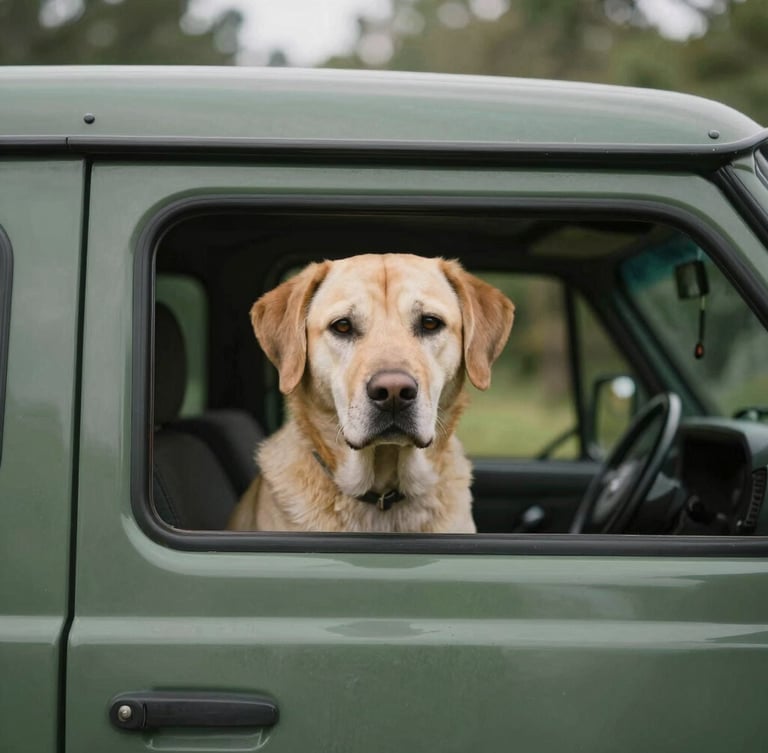 Portrait of a conditioned transport vehicle with a calm dog looking out safely, soft morning natural light, shallow depth of field, 35mm