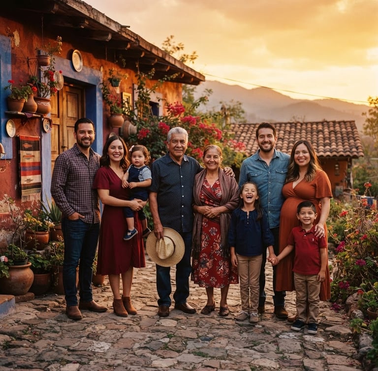 Wide environmental portrait of a multi-generational Hispanic family standing together outside their home during a warm golden-hour sunset, deep shadows and rich crimson tones, 35mm photography.