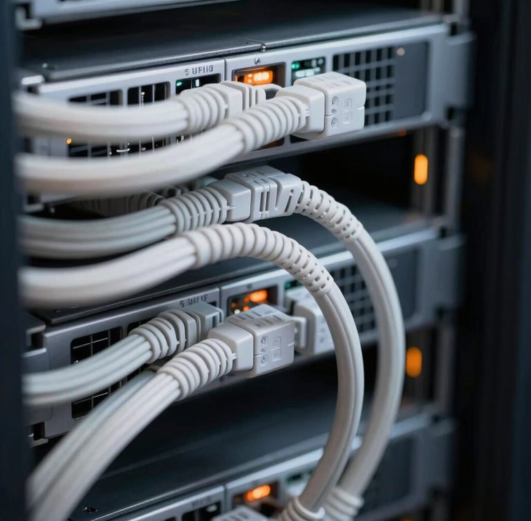 Close-up macro shot of clean structured cabling inside a server rack, cool high-contrast studio lighting with sharp hazard orange ambient accents, technical precision