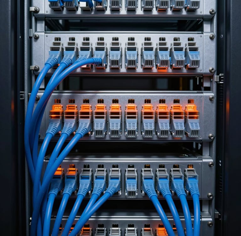 Symmetric macro shot of clean structured cabling inside an enterprise server rack, category 6A blue cables routed with sharp 90-degree angles, illuminated by cool white and hazard orange key lights.