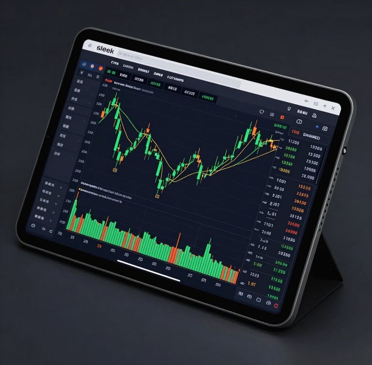 Sleek dark-mode trading terminal mockup on a modern tablet screen, showing high-velocity green candlestick charts and gold execution lines, dark reflective background