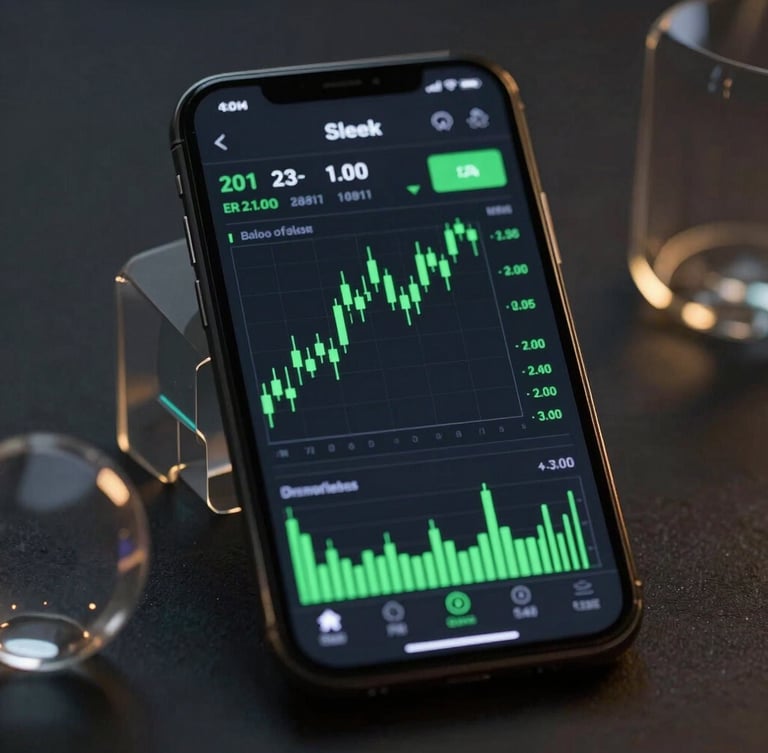 Sleek dark-mode trading terminal interface on a mobile screen, glowing green candlestick charts, abstract 3D glass-morphism background, low-key lighting with subtle gold accents.