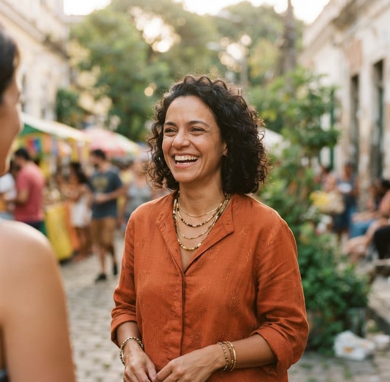 Warm portrait of Paulinha Braga smiling in natural daylight, outdoor community setting, authentic candid moment, soft background blur, 35mm lens