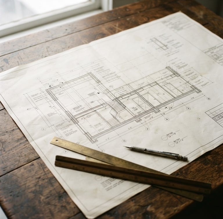 Close-up detail of architectural blueprints laid out on a heavy oak table, soft overcast light from a high window, muted forest and cream tones, 35mm film style.