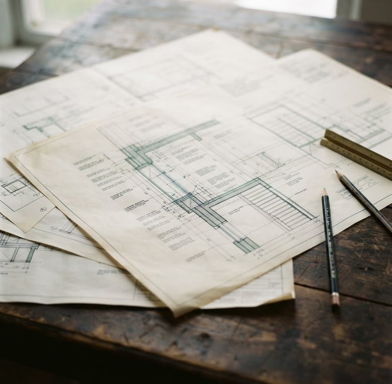A close-up detail of architectural plans on a dark wooden table, soft overcast daylight, muted forest and cream tones, 35mm film.