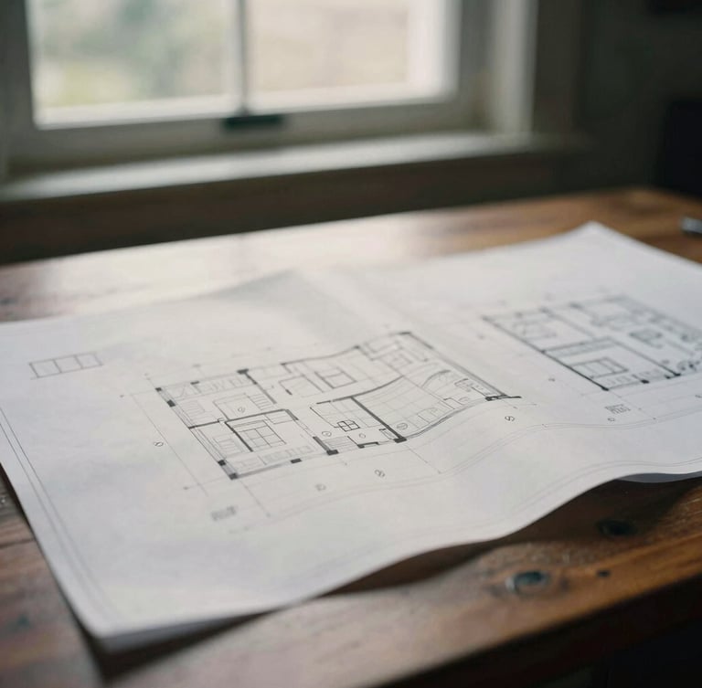 A close-up detail of architectural plans laid out on a dark oak table, soft overcast daylight from a high window, muted forest and cream tones, editorial documentary style, 35mm film.