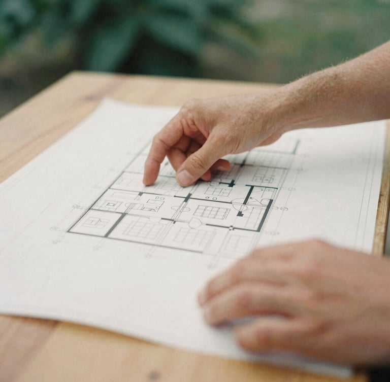 A close-up detail of hands examining architectural blueprints on a wooden table, soft overcast daylight, muted forest and cream tones, 35mm film