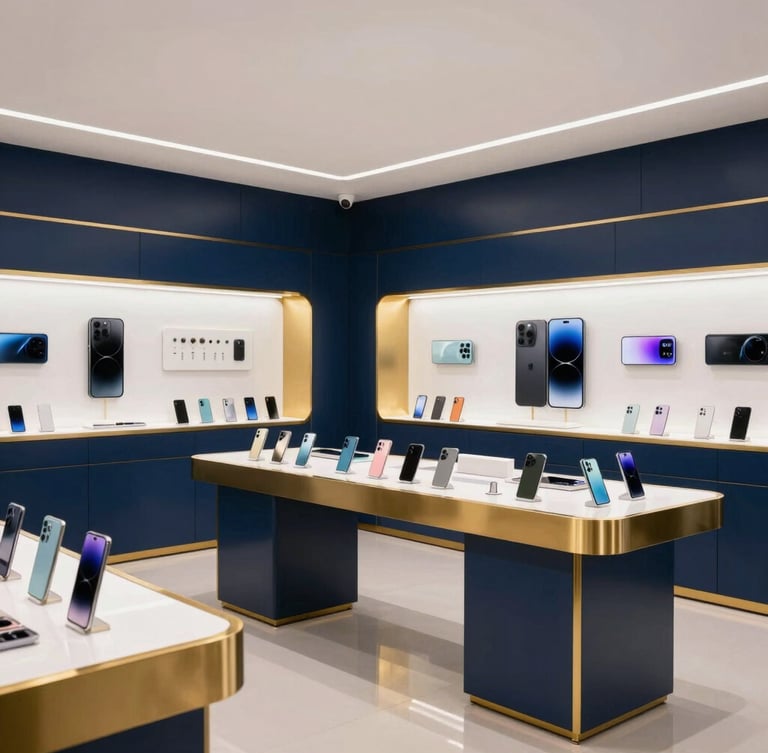 Premium modern smartphone showroom interior in Liaqat Bazar Quetta, elegant display cases with gold accents, soft ambient navy lighting, clean architectural lines