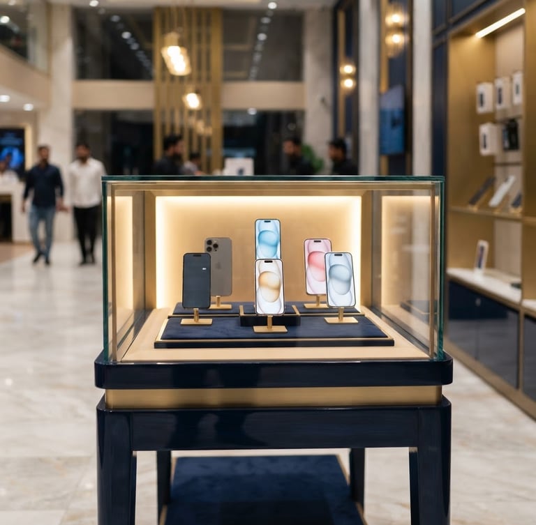 Elegant showroom interior in Liaqat Bazar, Quetta, with a focus on a single modern display case featuring premium smartphones, soft gold lighting, and a clean, spacious layout, captured as a portrait, from a slightly low angle.