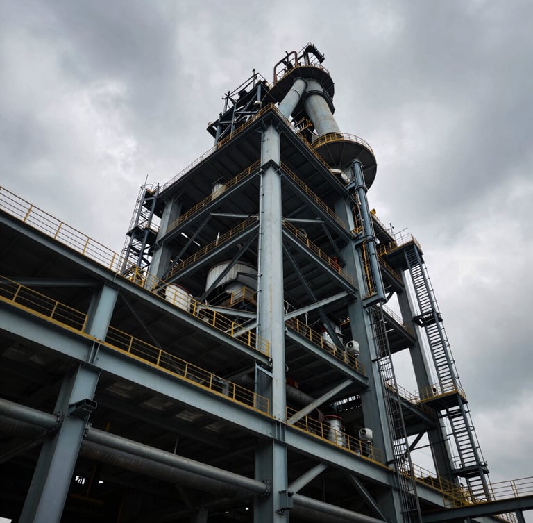 Low-angle heroic shot of massive industrial plant steel framework under high-contrast dramatic overcast sky, showcasing heavy structural connections.