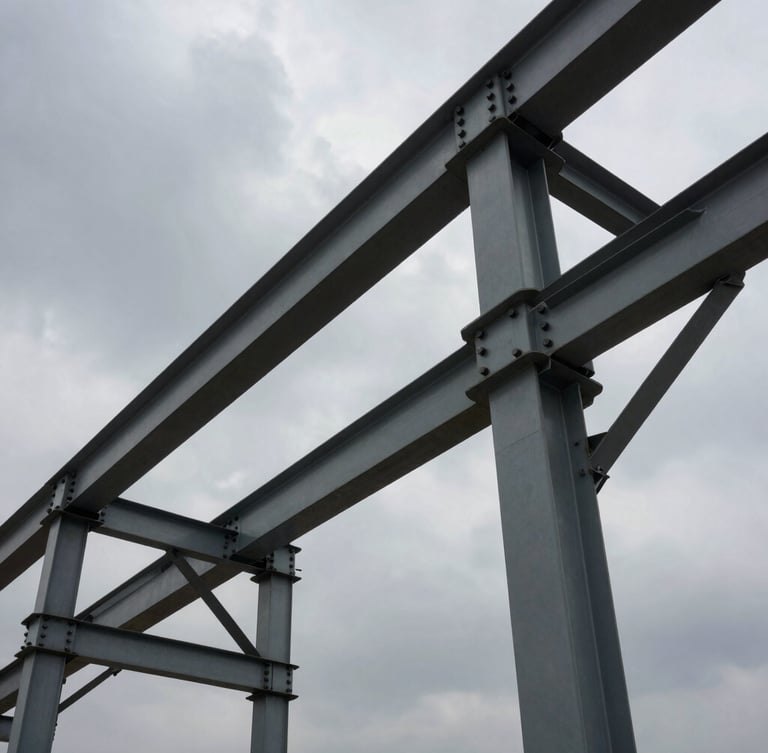 Low-angle hero shot of massive industrial steel framing structures under a dramatic overcast sky, highlighting heavy bolted connections and structural integrity.