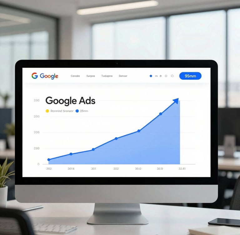 A clean minimalist UI mockup of a Google Ads dashboard showing positive upward conversion trends, bright clean office daylight, professional blue and white tones, sharp focus, 35mm
