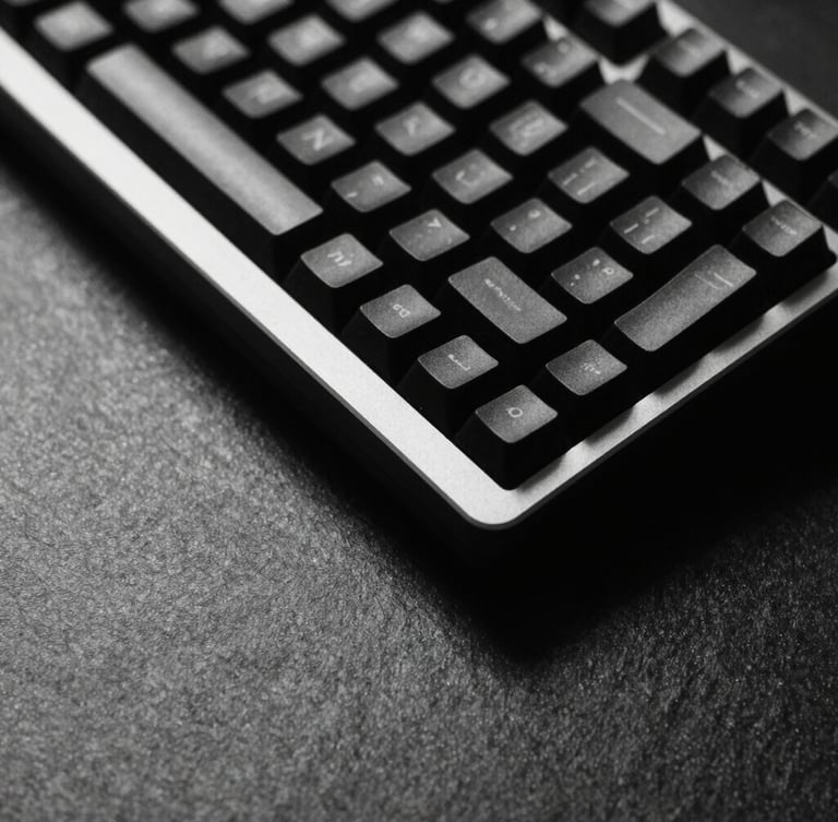 Minimalist macro shot of a mechanical keyboard on a dark slate desk, sharp geometric shadows, high-contrast black and white photography