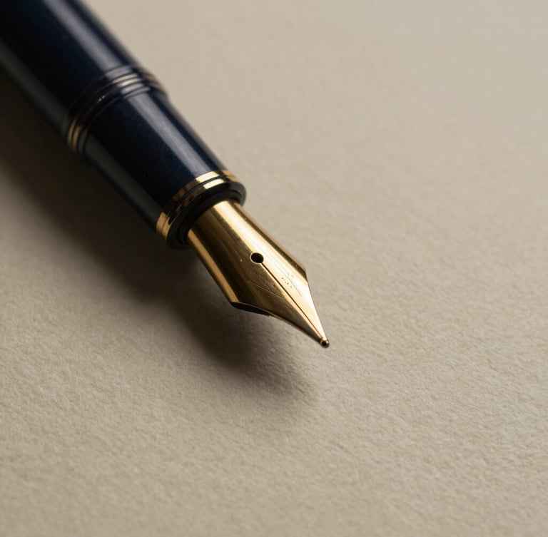 Macro close-up of a high-quality gold fountain pen tip on heavy textured cotton paper, low-key dramatic side-lighting, deep navy and champagne tones, 35mm