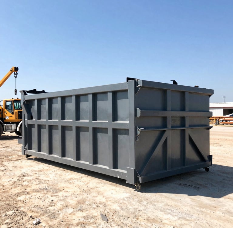 Heroic low-angle shot of a clean, heavy-duty steel roll-off dumpster on an organized Houston jobsite, bright Texas daylight, strong shadows, truck hoist mechanism visible in the background, wide-angle lens.