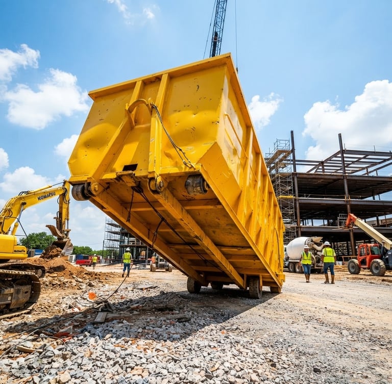 Low-angle heroic shot of a clean, heavy-duty yellow roll-off dumpster on an active Houston jobsite, bright high-contrast Texas daylight, sharp focus, wide-angle lens.