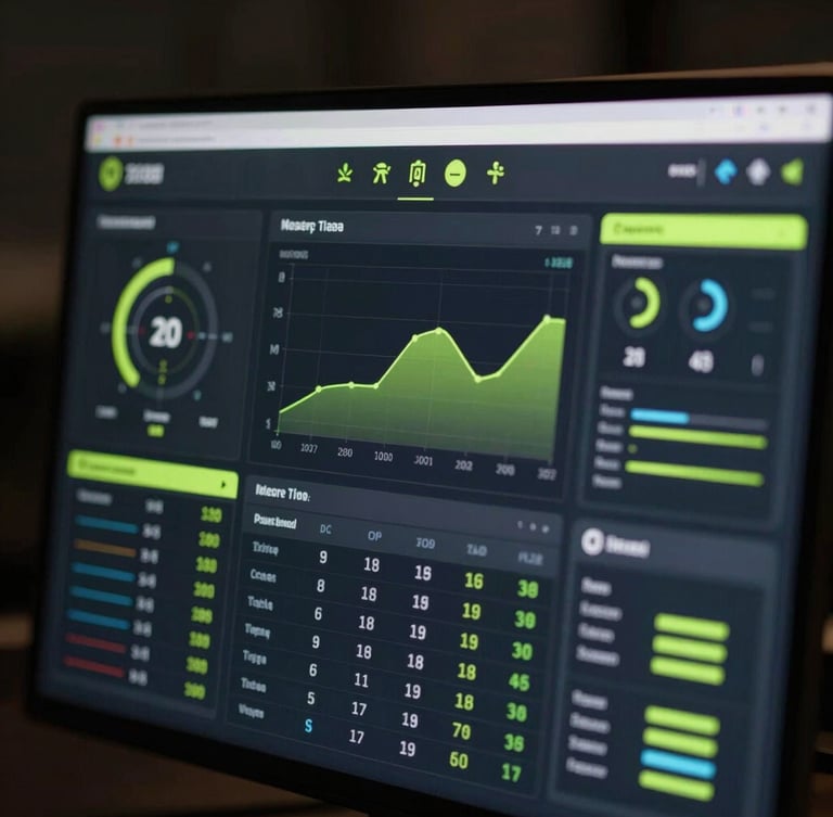 Close-up of a clean UI mockup of a player dashboard on a screen, displaying complex in-game telemetry data, graphs, and stats, with cyber-lime accents, moody screen glow, high contrast, cinematic depth of field.
