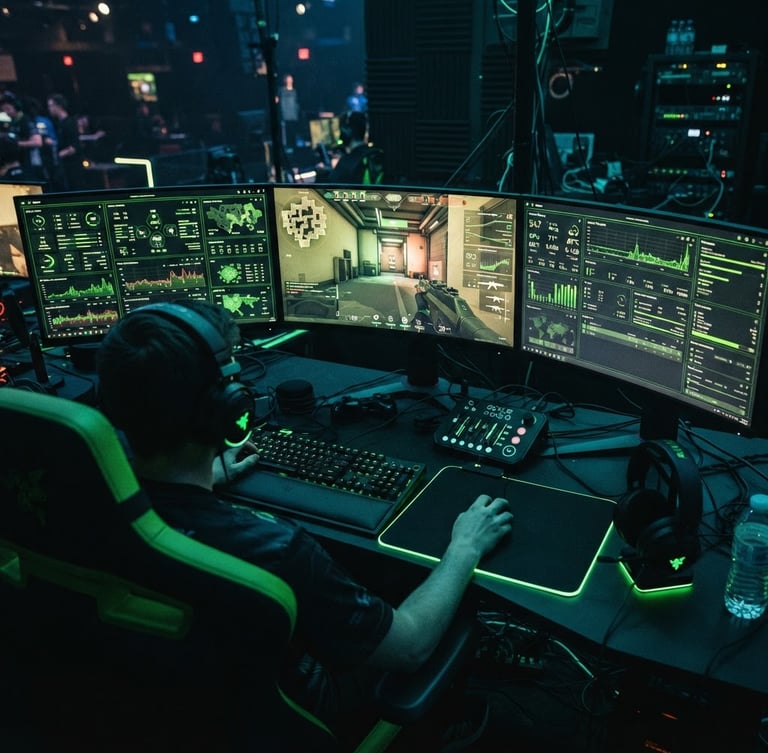 Wide shot of a competitive gamer's dashboard, displaying real-time performance metrics and game telemetry, in a low-light, high-contrast setting with cyber-lime accents and screen glow.