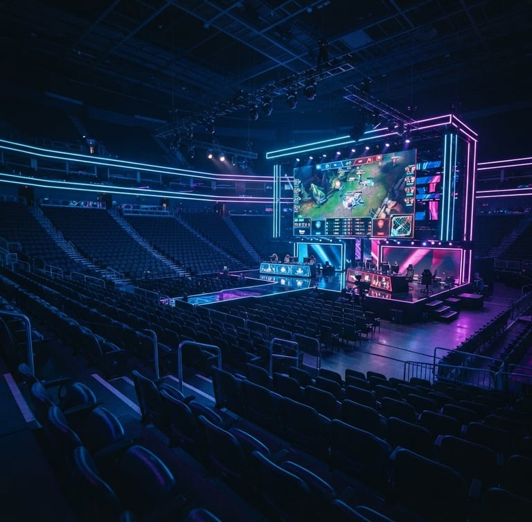 Wide shot of a modern esports arena with neon lighting, empty seats, and a large glowing screen displaying game statistics, low light, cinematic depth of field.