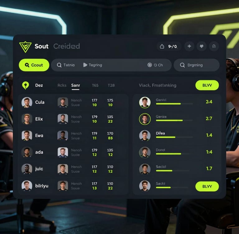 Clean UI mockup of a scout's dashboard, displaying player search filters and detailed performance metrics, with a dark-mode tech aesthetic and sharp cyber-lime accents.