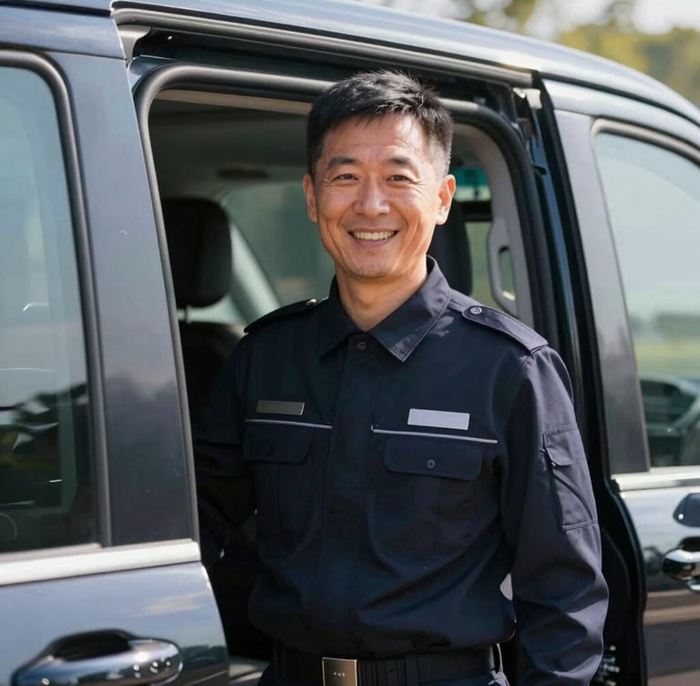 Medium close-up of a professional driver in a neat dark navy uniform smiling warmly, standing by the open door of a clean, polished luxury van under bright morning sunlight