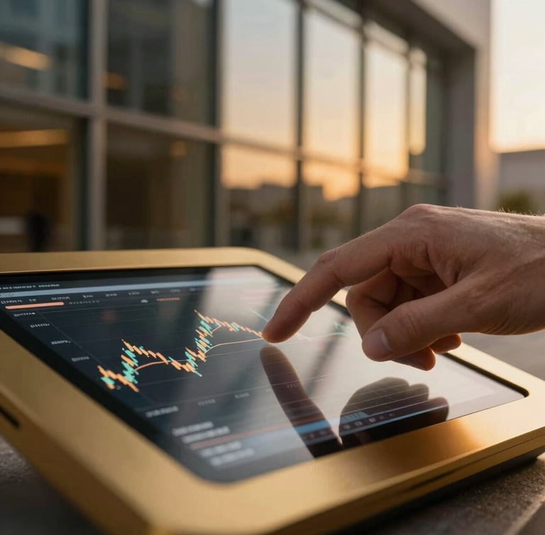 Close-up macro shot of a hand interacting with a sleek, gold-accented secure digital interface displaying financial charts, warm golden hour lighting reflecting off dark glass, professional corporate setting
