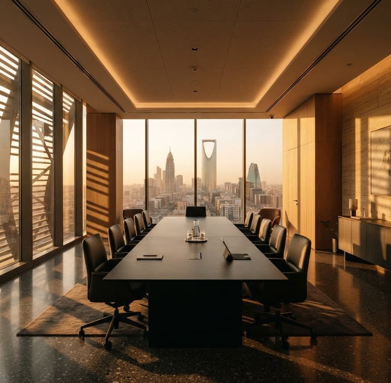 A high-end modern corporate boardroom in Riyadh, dramatic golden-hour sunlight casting long architectural shadows through floor-to-ceiling windows, minimal obsidian table.