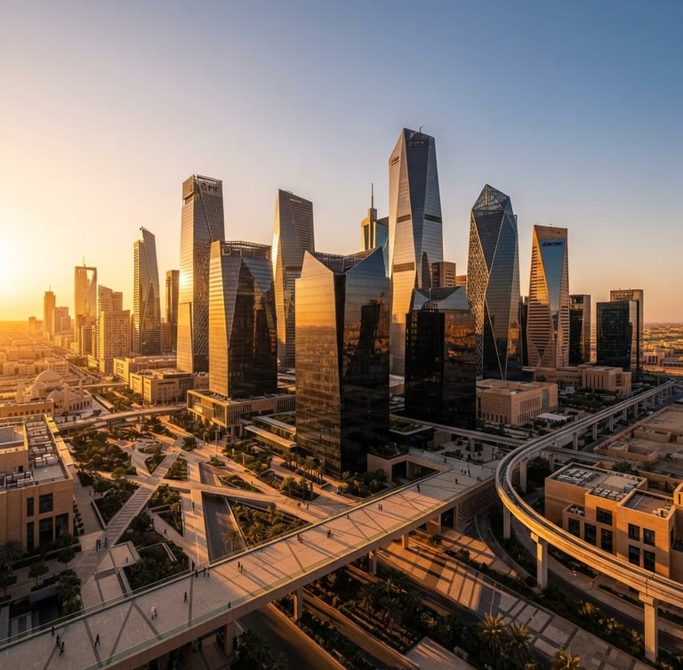 Wide architectural shot of the King Abdullah Financial District in Riyadh at golden hour, sharp geometric shadows, warm light reflecting on obsidian glass structures.