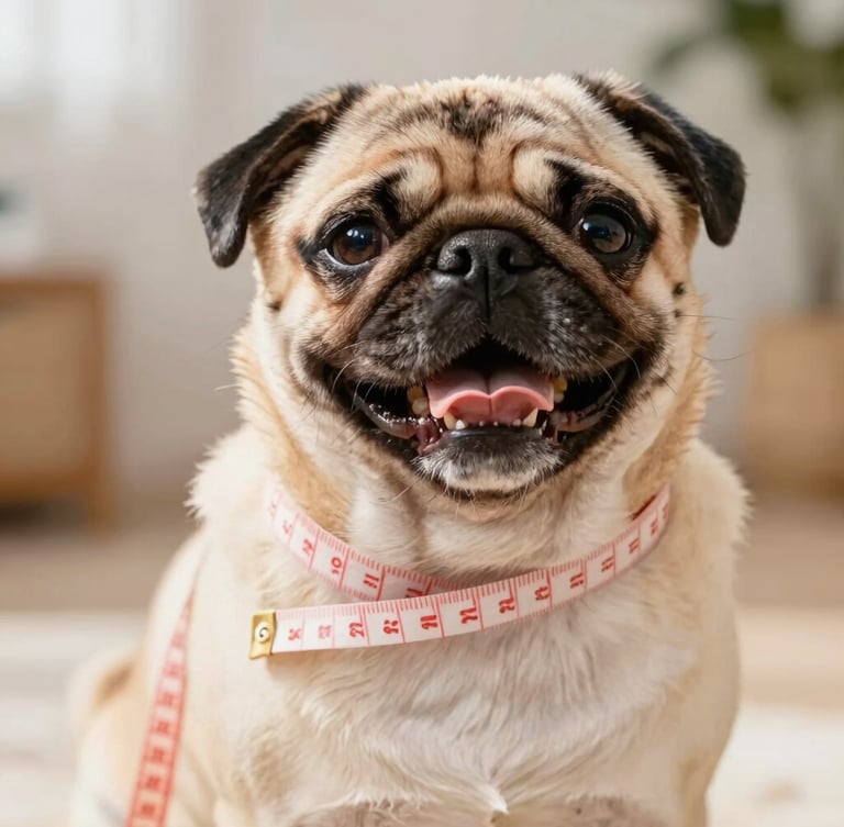 Close-up of a tailor's measuring tape gently wrapped around a happy pug's chest, bright natural daylight, warm editorial pet photography, shallow depth of field