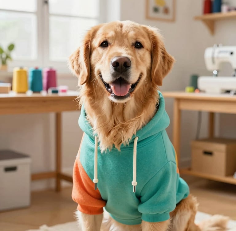 Warm daylight photo of a happy golden retriever wearing a colorful handcrafted teal hoodie, sitting comfortably in a bright home workshop with sewing materials blurred in the background, 35mm lens.