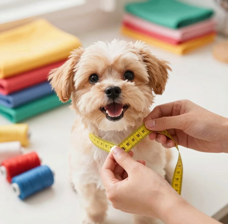 Close-up of hands carefully measuring a happy small dog with a yellow measuring tape in a bright, warm sewing workshop, colorful fabrics in the background, soft daylight.