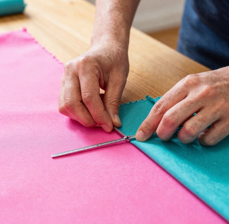Close-up of artisan hands carefully measuring and cutting vibrant pink and teal fabrics on a wooden table, warm natural light, shallow depth of field.
