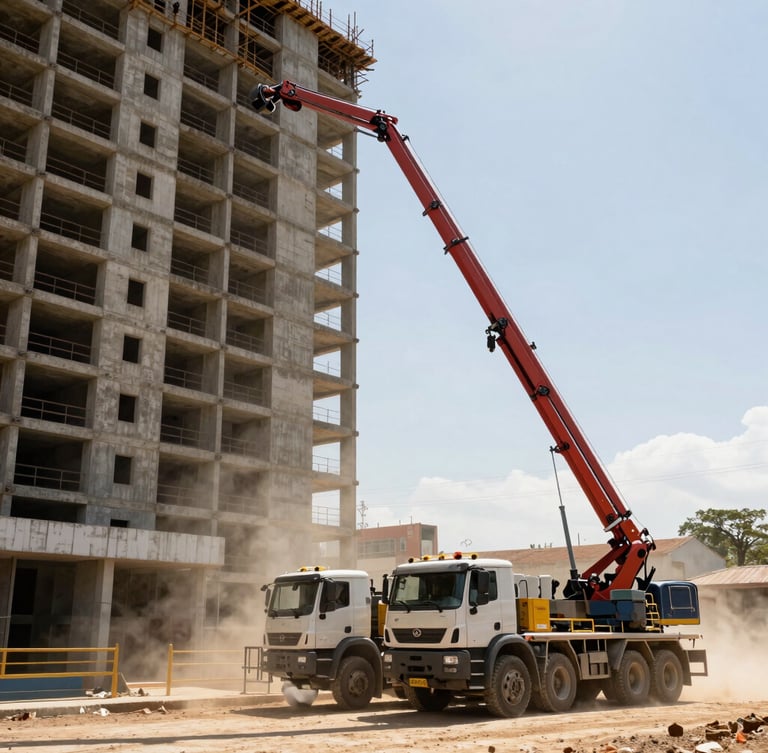 Wide environmental shot of a heavy concrete pump truck extending its long boom over a high-rise building under construction in Águas Claras, harsh midday sun, dust in the air, high contrast.