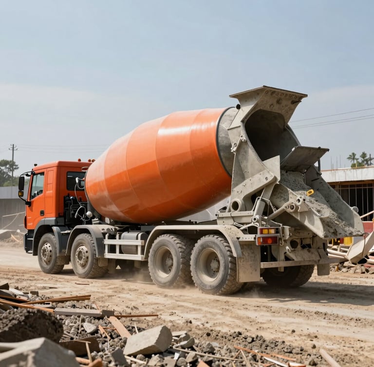 Wide shot of a heavy-duty orange concrete mixer truck discharging ready-mix concrete on an active construction site in Taguatinga, harsh daylight, dust in the air.