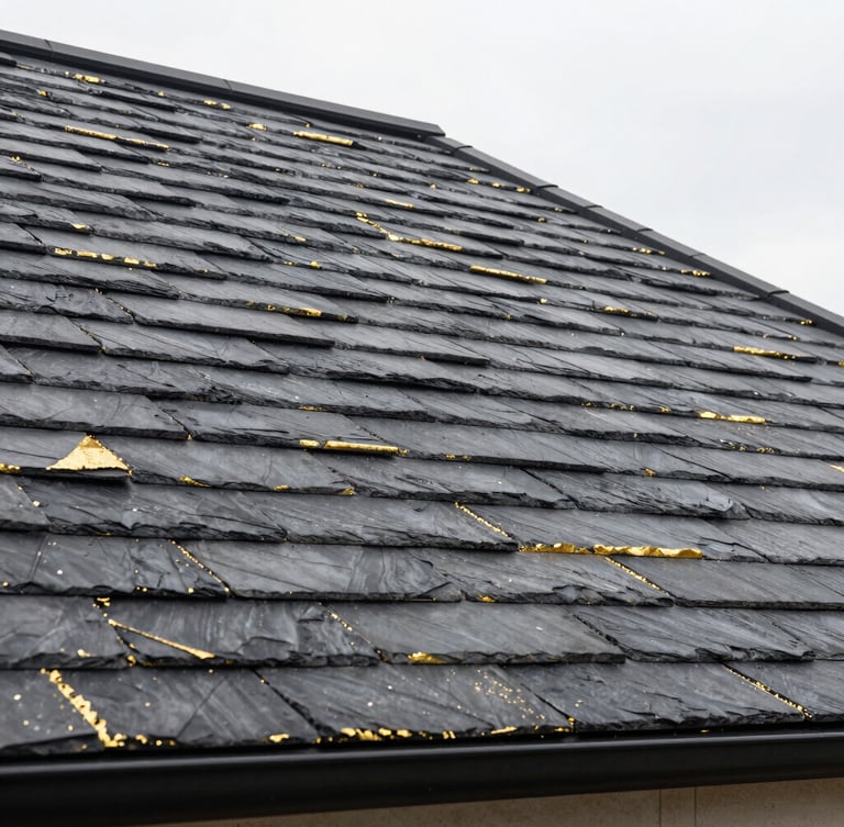 Close-up architectural shot of flawless slate roofing work on a modern extension, crisp overcast daylight, sharp detail on the hand-cut ridge tiles.