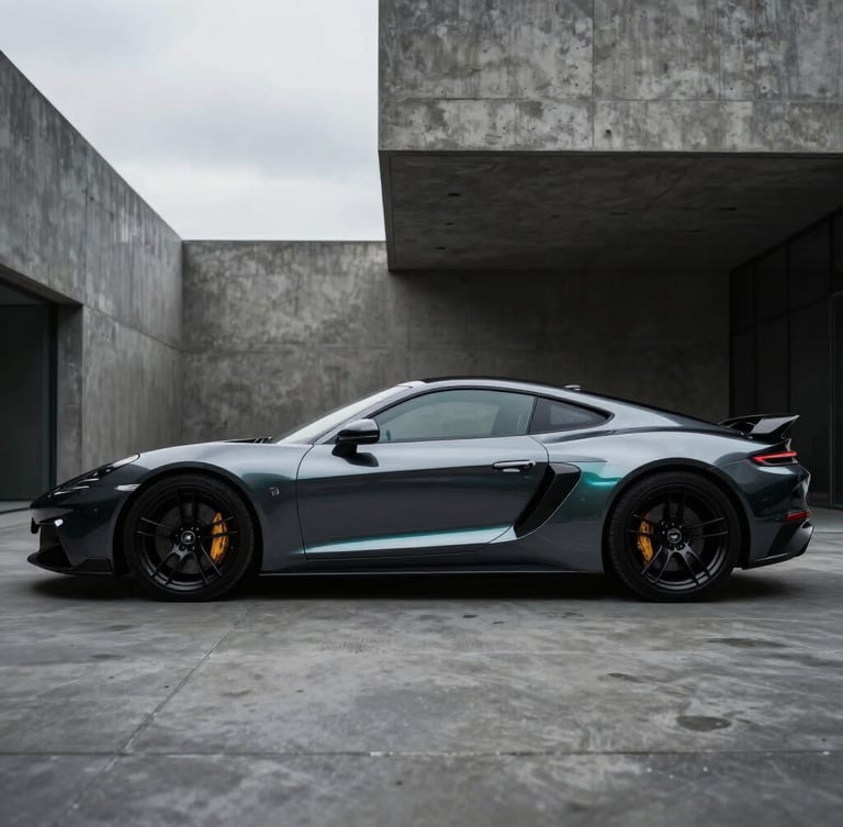 Dramatic side profile of a dark metallic sports car parked next to minimalist concrete architecture, overcast daylight highlighting clean body lines.