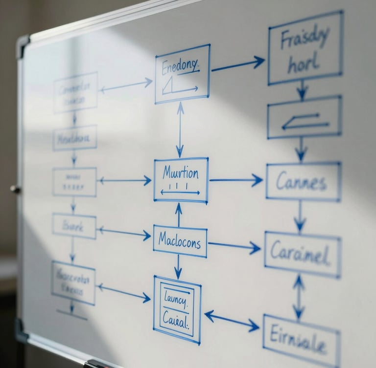 Extreme close-up of a technical planning whiteboard with complex operational flowcharts and structural diagrams drawn in blue ink, natural high-contrast side-lighting.