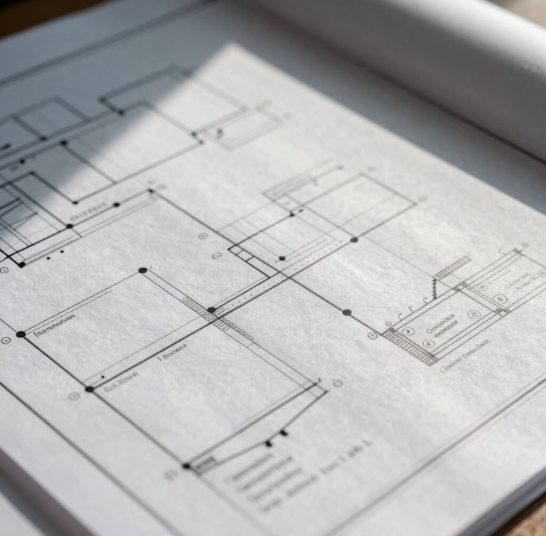 Extreme close-up of a complex operational blueprint on physical planning paper, natural high-contrast side-lighting casting sharp shadows across hand-drawn flowcharts and architectural alignment lines, cool clean tones, shallow depth of field.