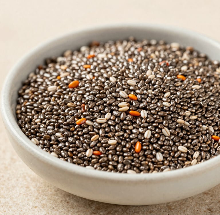 Close-up shot of organic chia seeds layered elegantly in a ceramic bowl on a soft beige stone background, diffused morning daylight, macro lens.